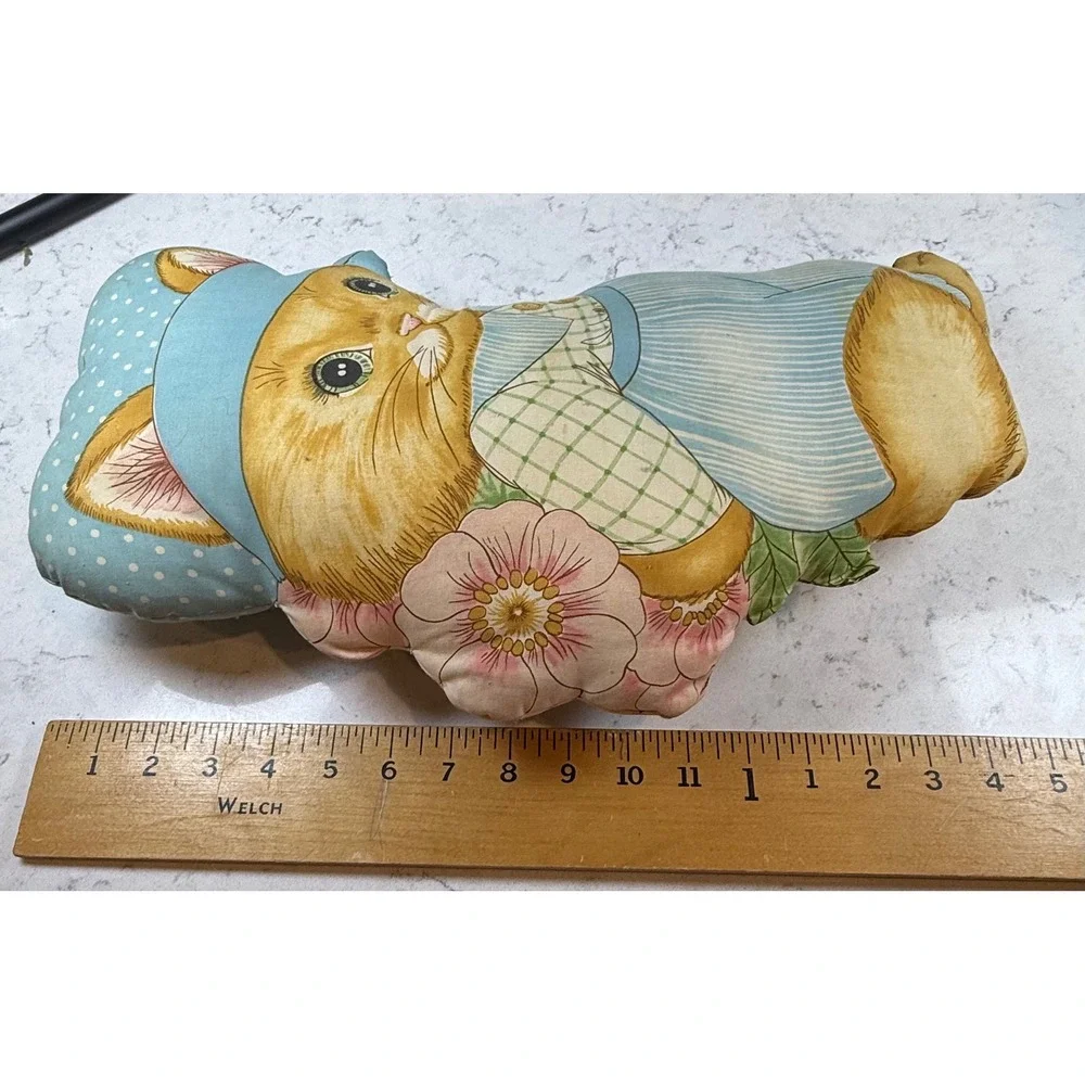Vintage Handmade‎ Fabric Cat Pillow Ginger Tabby Blue Striped Outfit Cottagecore